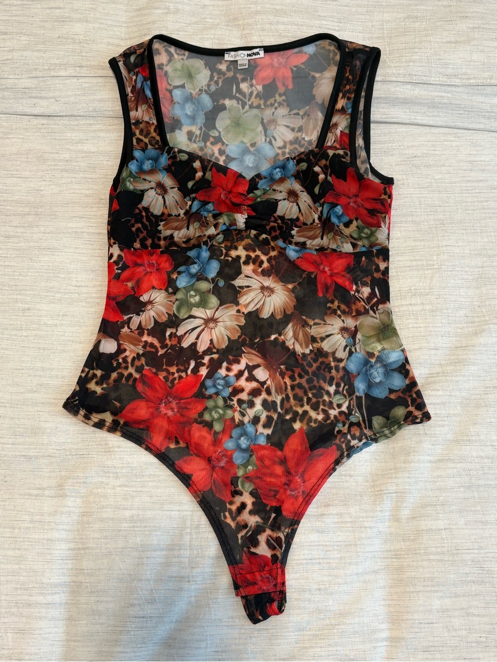 Fashion Nova Black Floral Leopard Mesh Bodysuit with Red & Blue Flowers